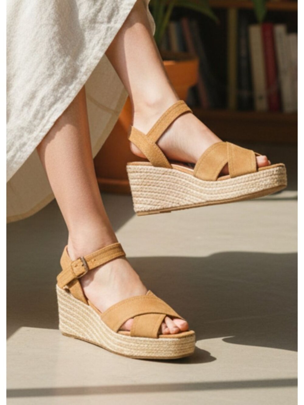Camel Suede Espadrille Wedge Sandals With Ankle Strap & Buckle Closure For Women